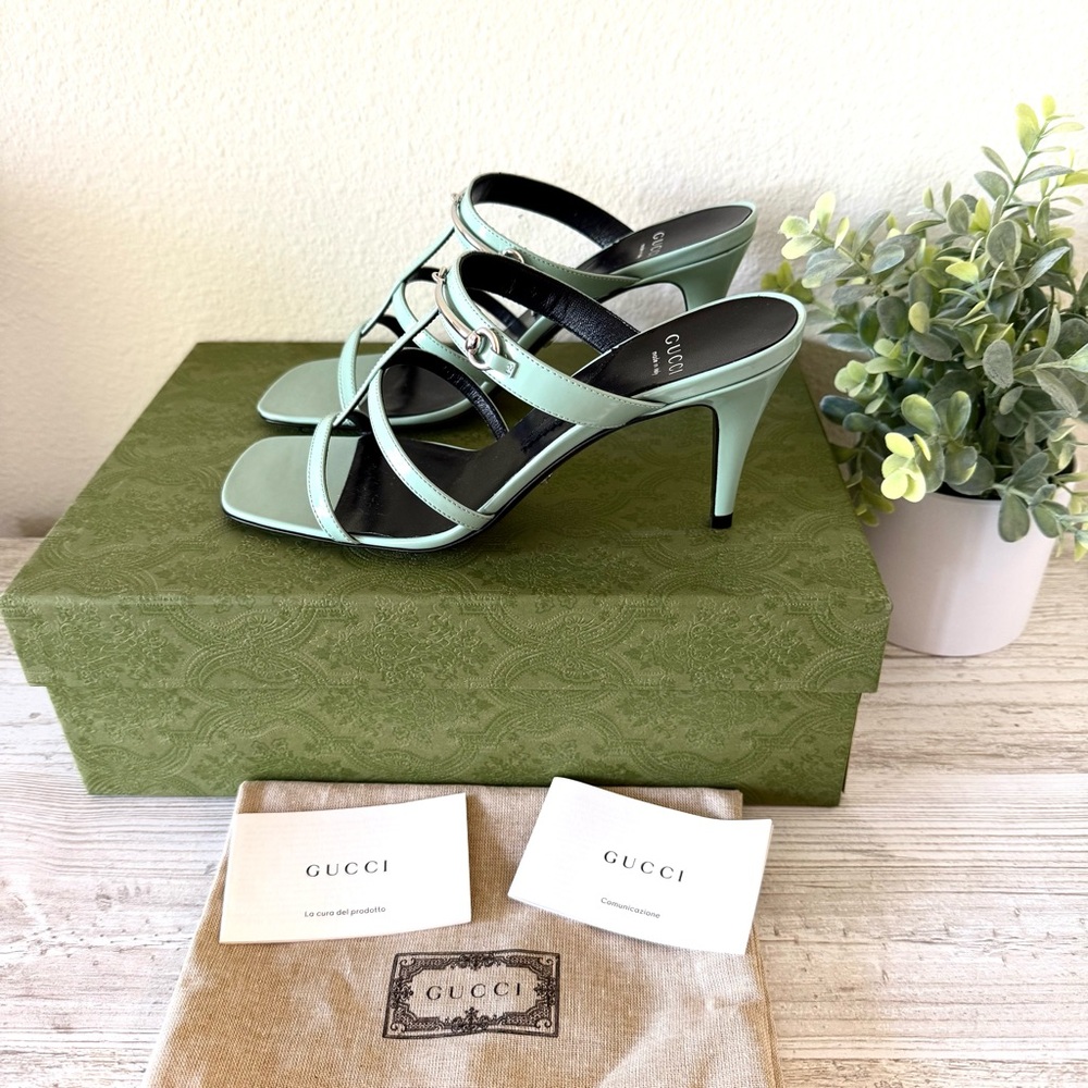 New Gucci Horsebit leather mules heeled sandals, green, size 37.5, US 7.5